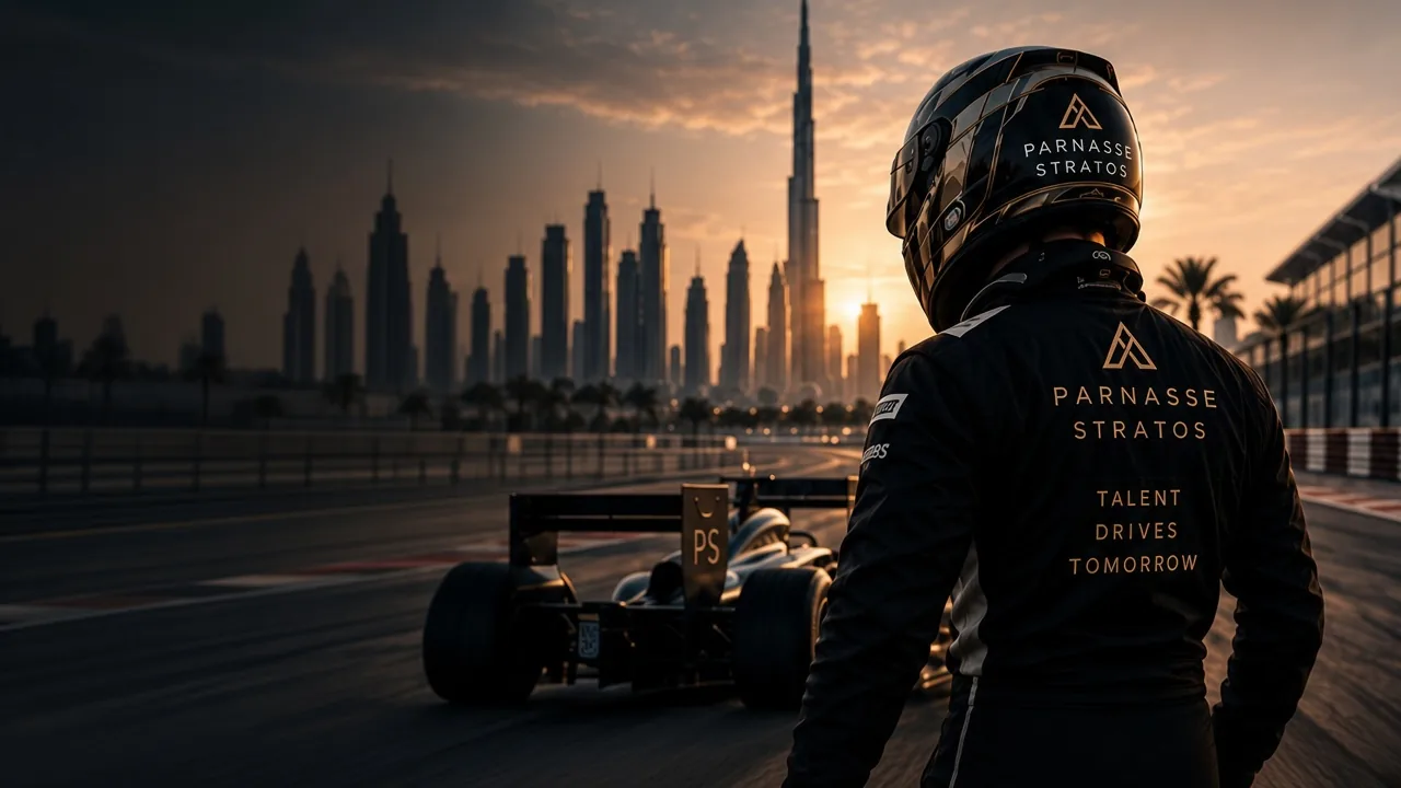 A Parnasse Stratos driver stands on a Dubai circuit at sunset, with the skyline and a Formula car behind him.