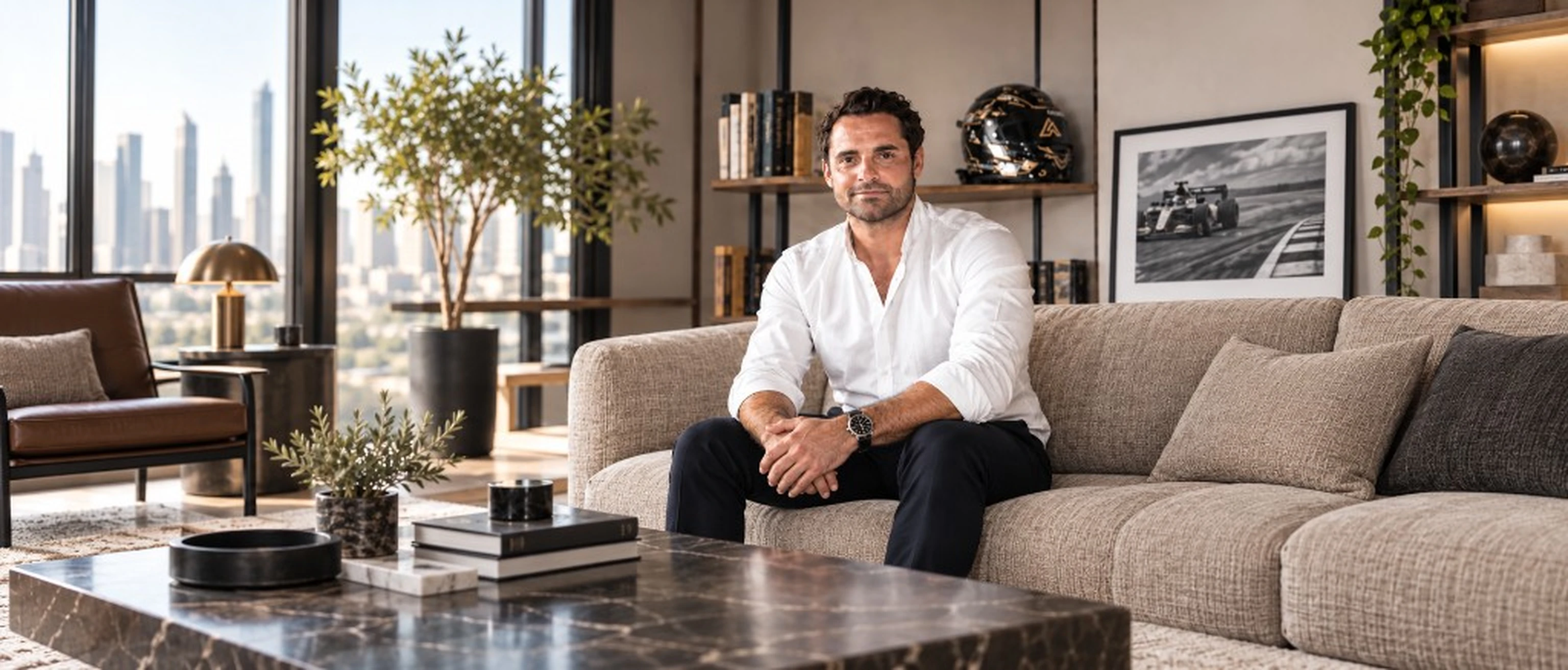 Anthony Sebe seated in a Dubai living room, with a racing helmet and a Formula car photograph behind him.