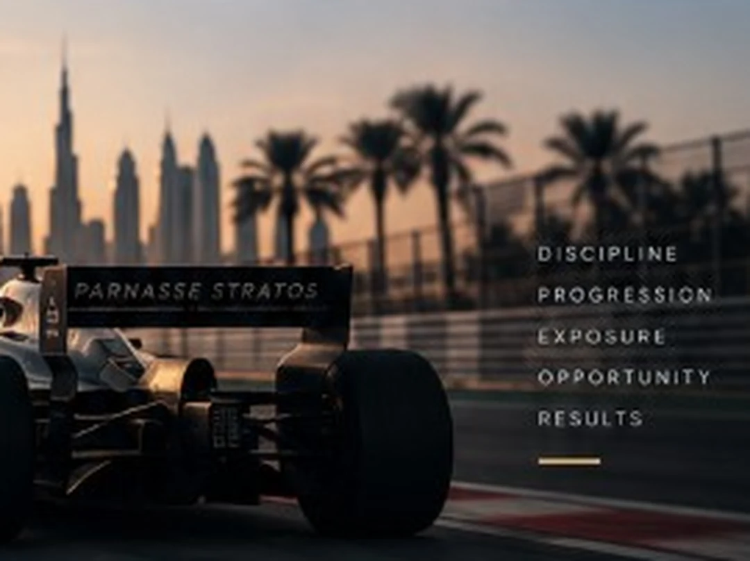 Parnasse Stratos car on track at sunset. Discipline, progression, exposure, opportunity, results.