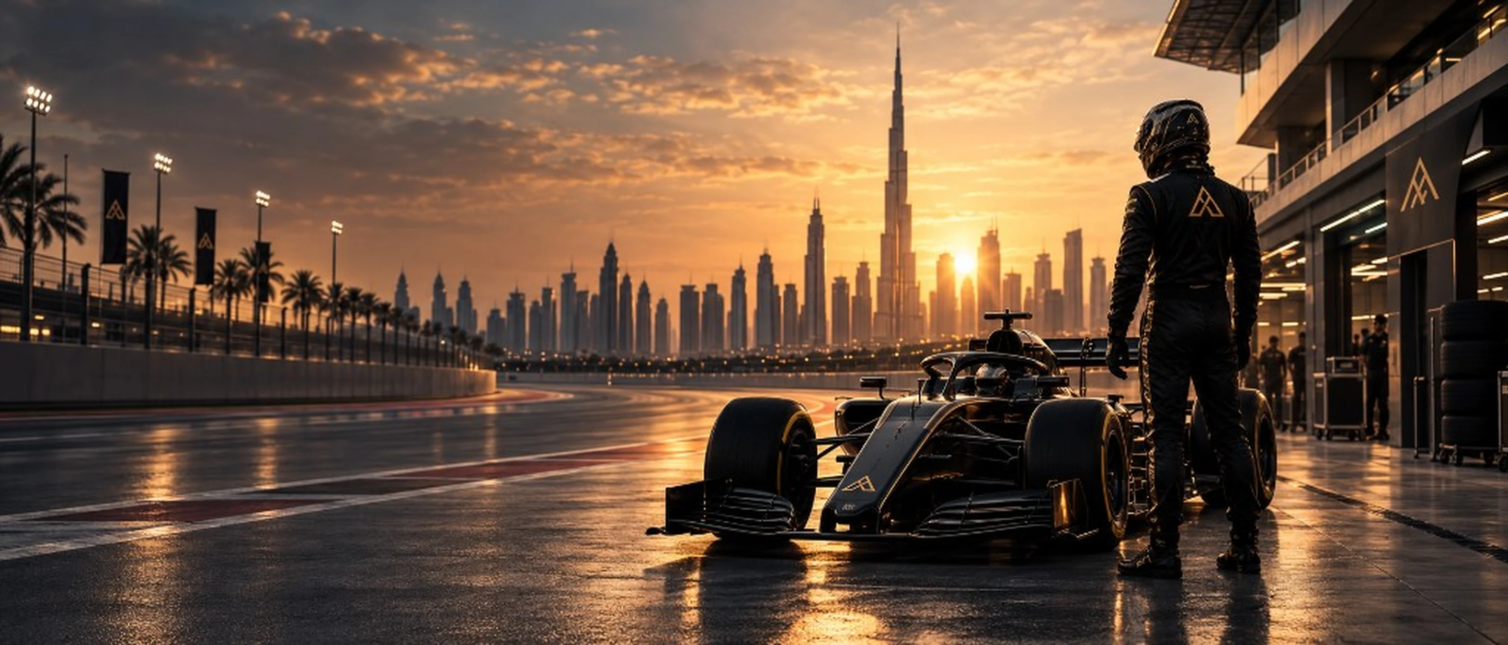A Parnasse Stratos driver, seen from behind, beside the car at the Dubai Autodrome at sunset.