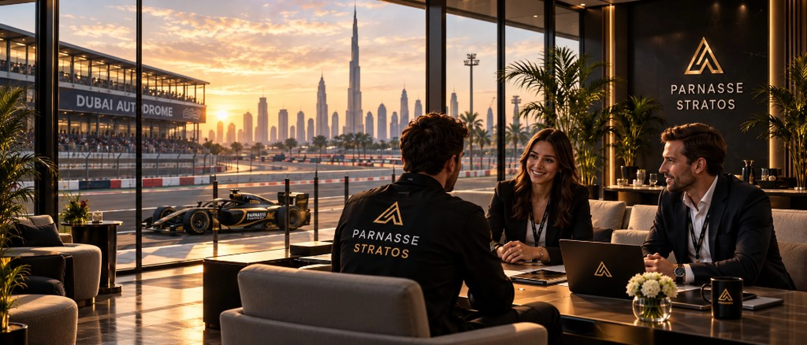 Dubai Autodrome at sunset, with the Burj Khalifa and the Parnasse Stratos building.