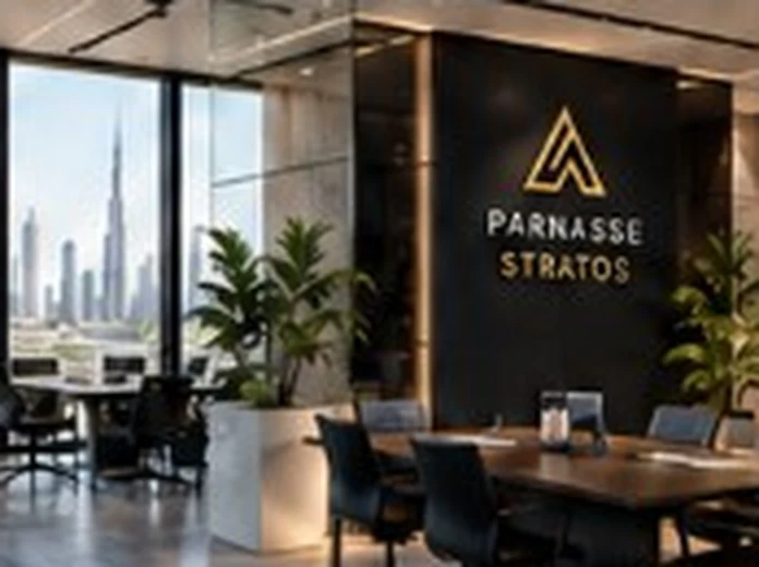 The Parnasse Stratos meeting room, with the Dubai skyline beyond the glass.