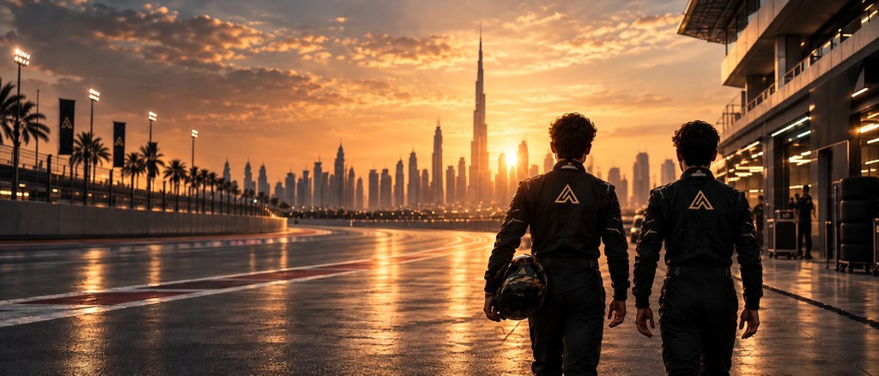 Andrea Dupé and Enzo Deligny walking the Dubai circuit at sunset.