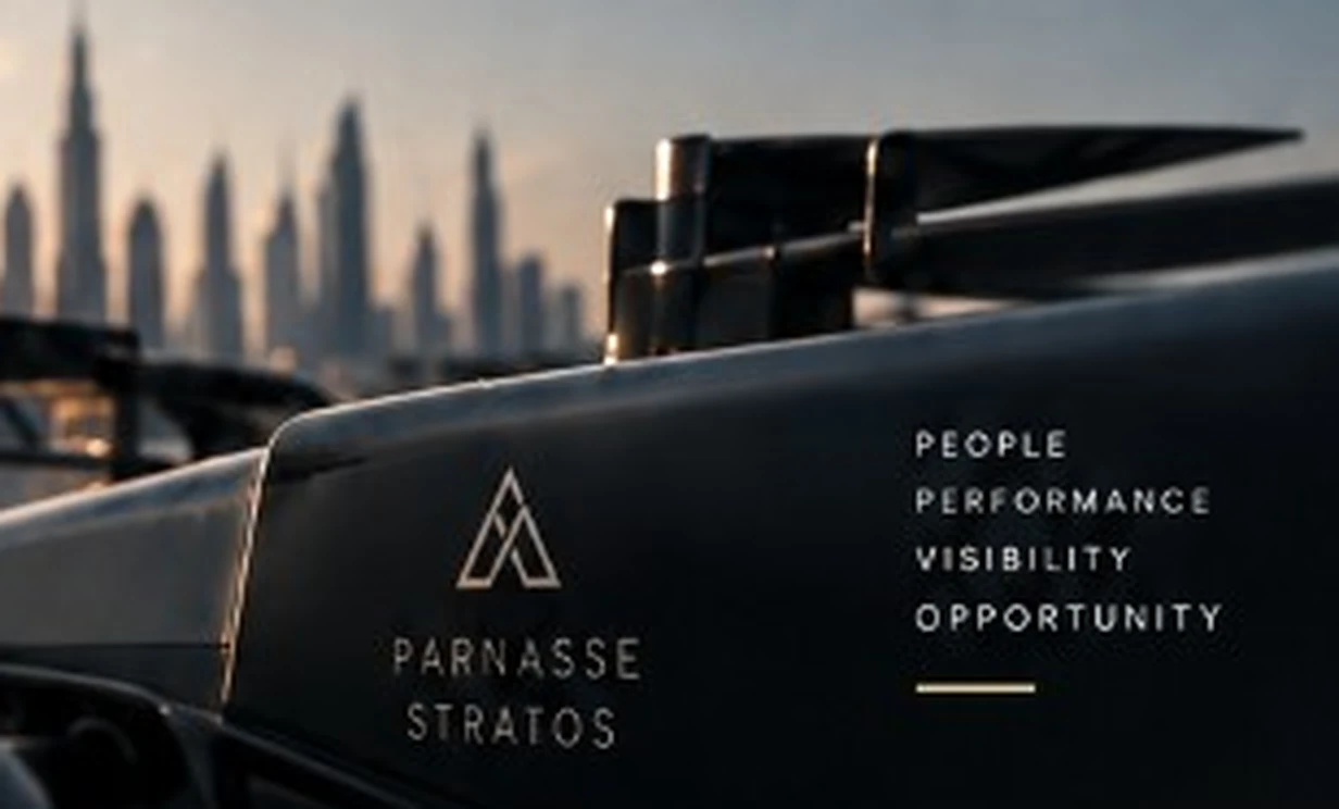 Close-up of the Parnasse Stratos car nose against the Dubai skyline. People, performance, visibility, opportunity.