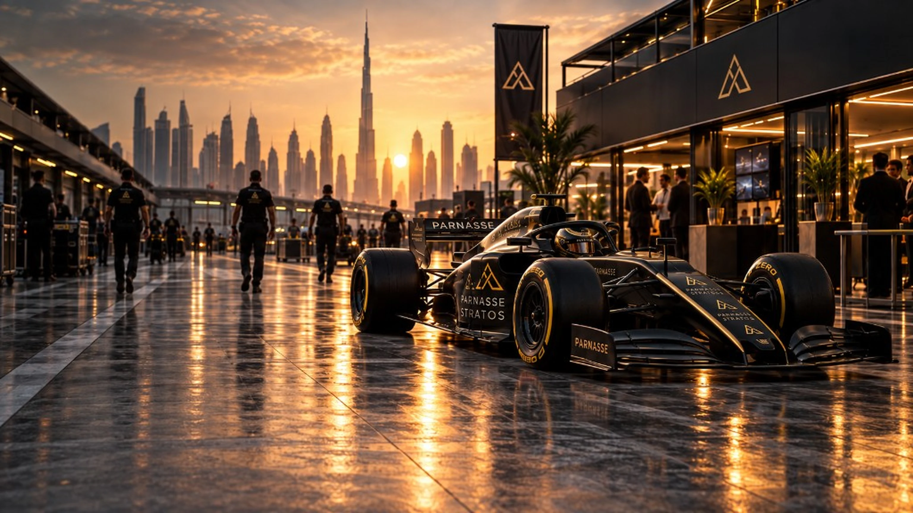 A black and gold Parnasse Stratos Formula car in the pit lane at sunset, with the Dubai skyline behind.